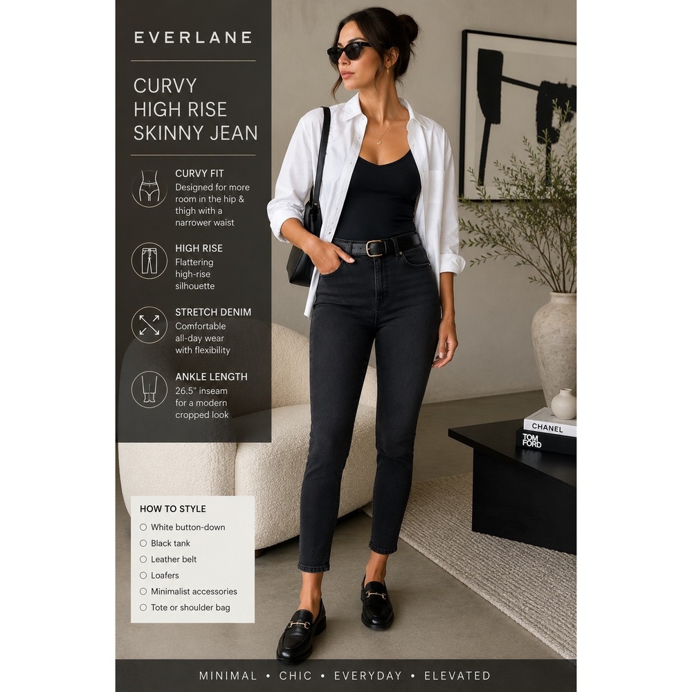 Everlane Curvy High Rise Skinny Jean Womens 28 Washed Black Excellent Stretch